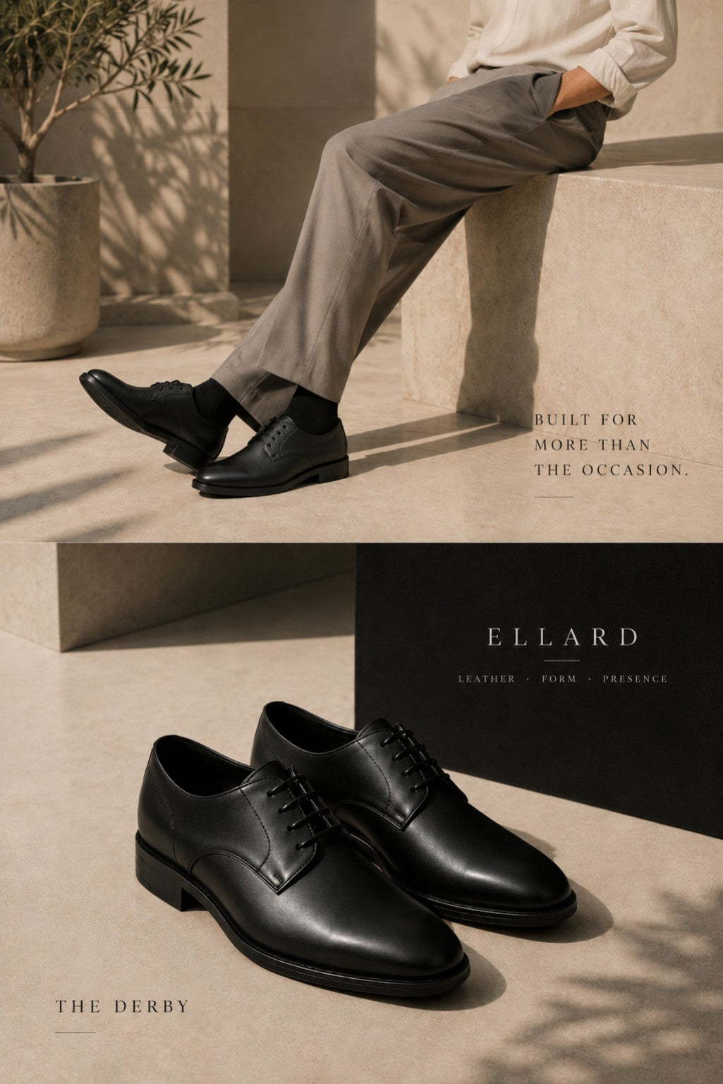 ELLARD Derby in Black lifestyle and paired product views.