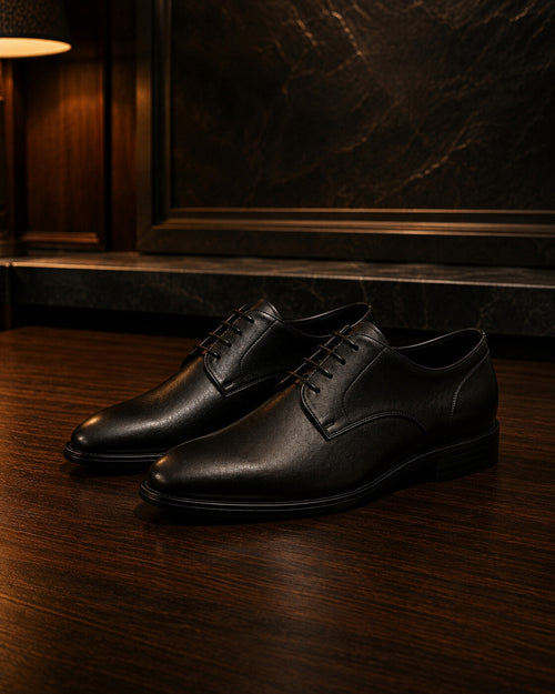 ELLARD Derby in Black, warm evening product photograph.