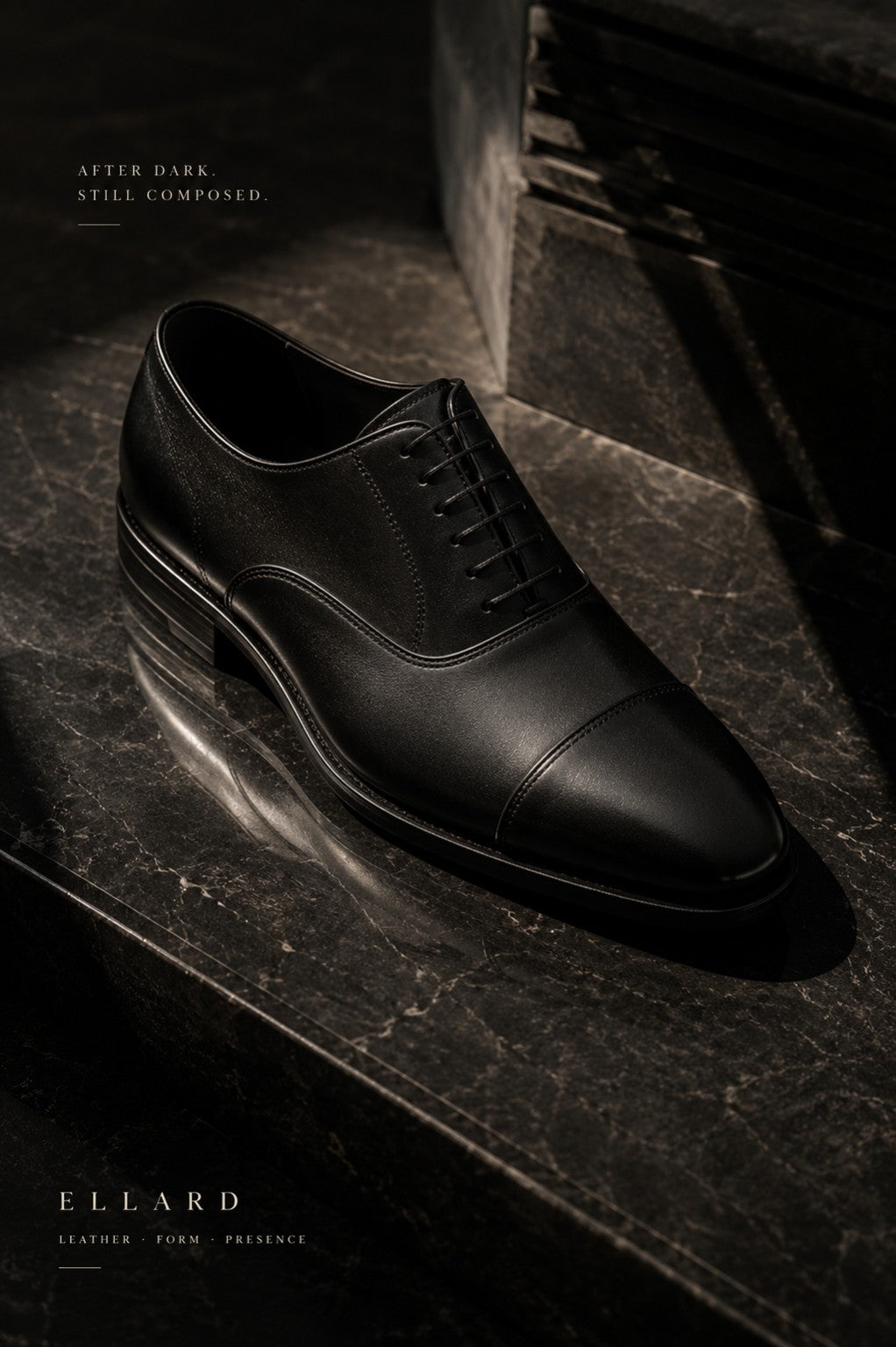 ELLARD Oxford in Black on dark stone.