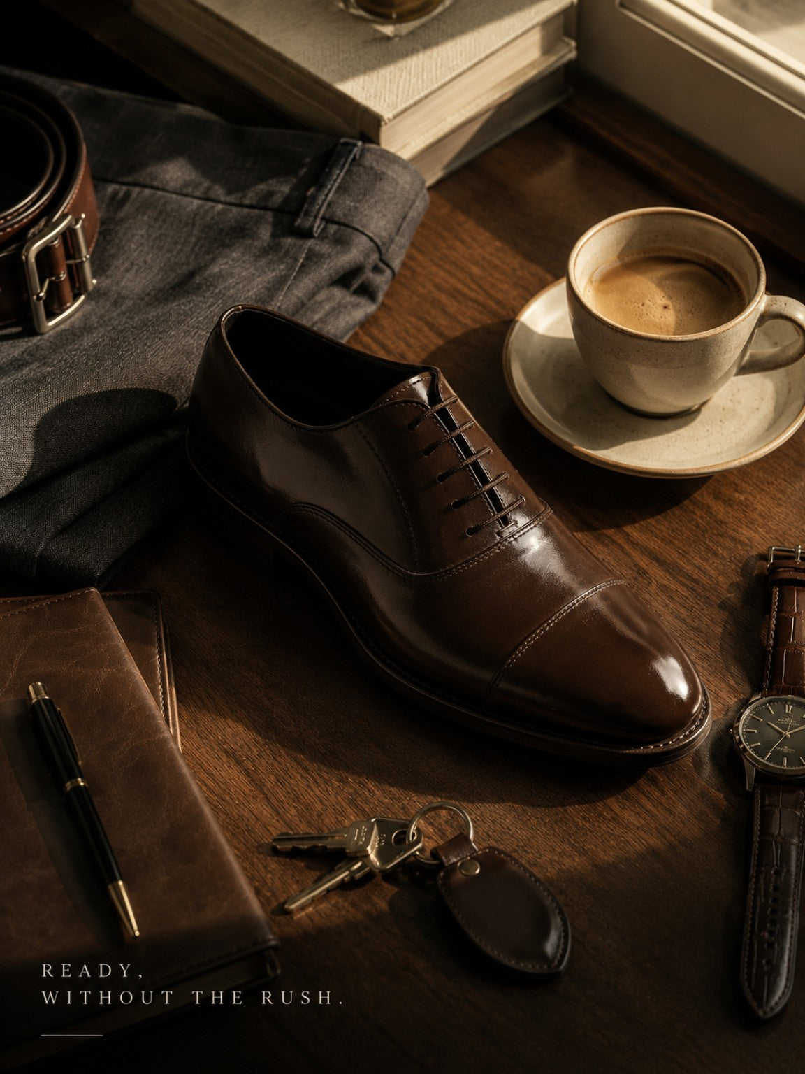ELLARD Oxford in Coffee Brown styled on a dark wood desk.
