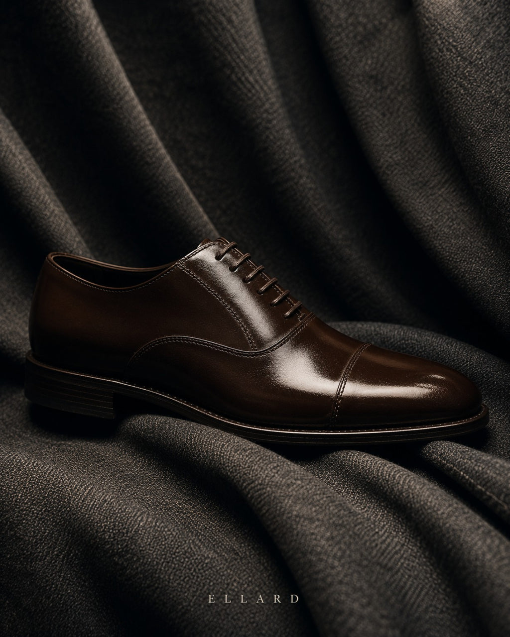 ELLARD Oxford in Coffee Brown on dark draped cloth.
