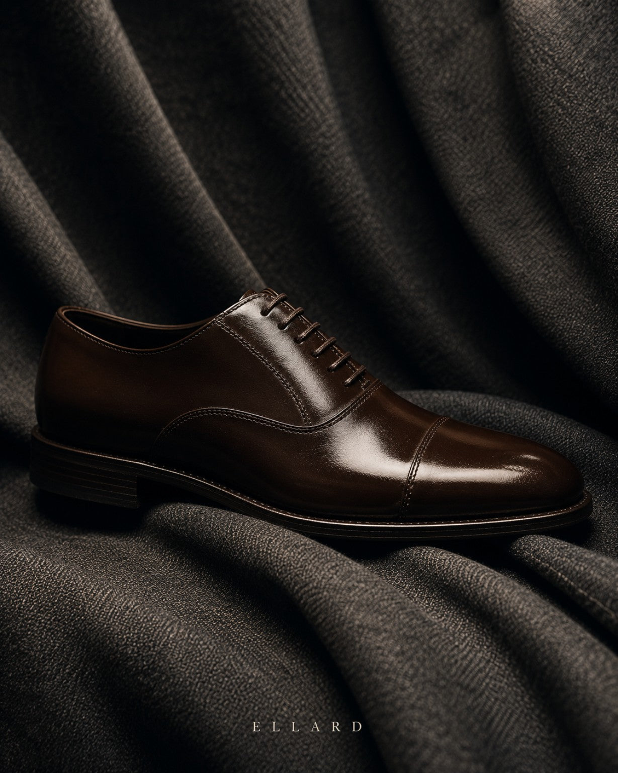 ELLARD Oxford in Coffee Brown on dark draped cloth.