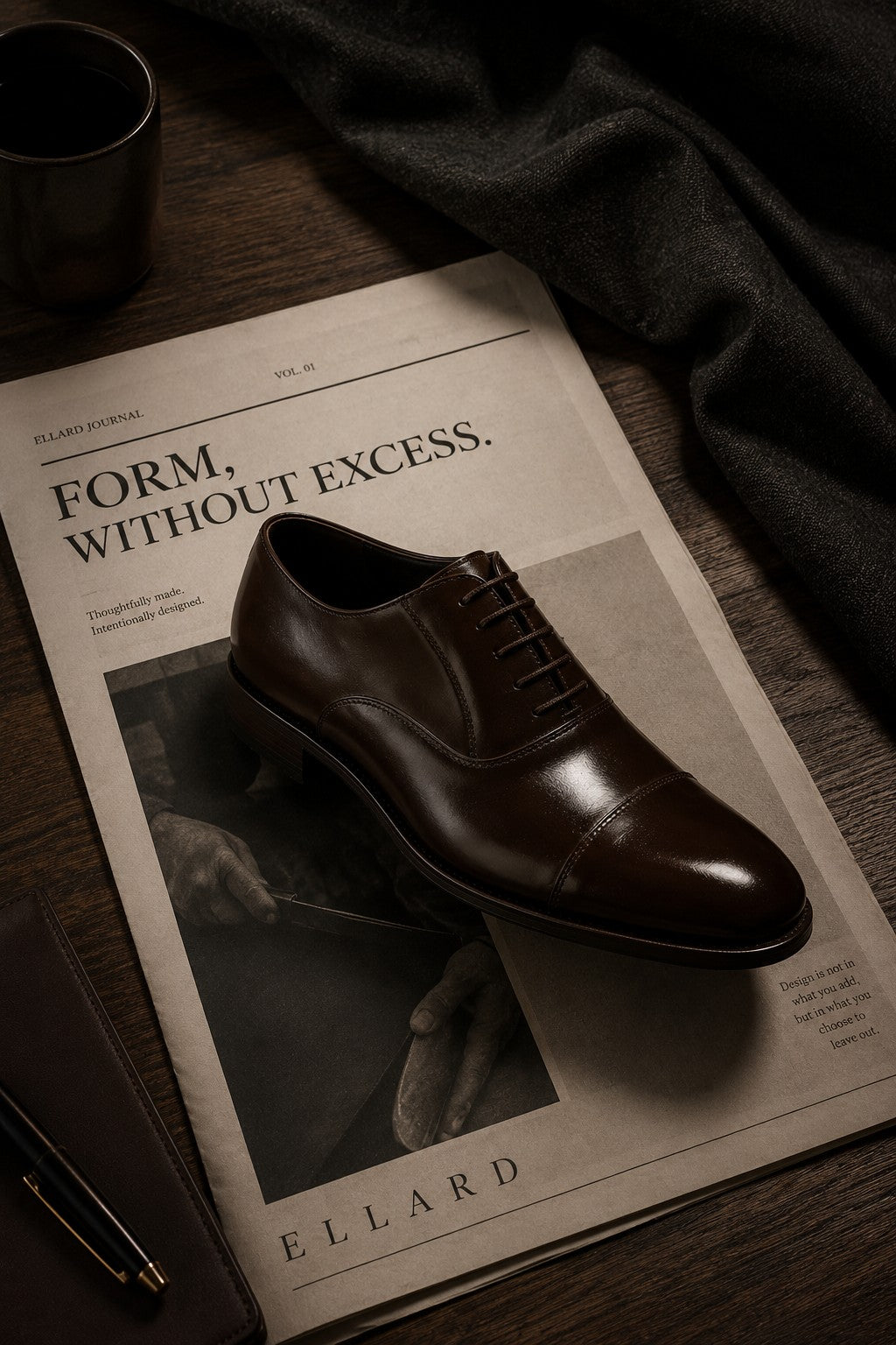 ELLARD Oxford in Coffee Brown styled on the ELLARD journal.