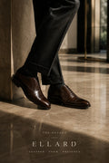 ELLARD Oxford in Coffee Brown worn with tailored trousers.