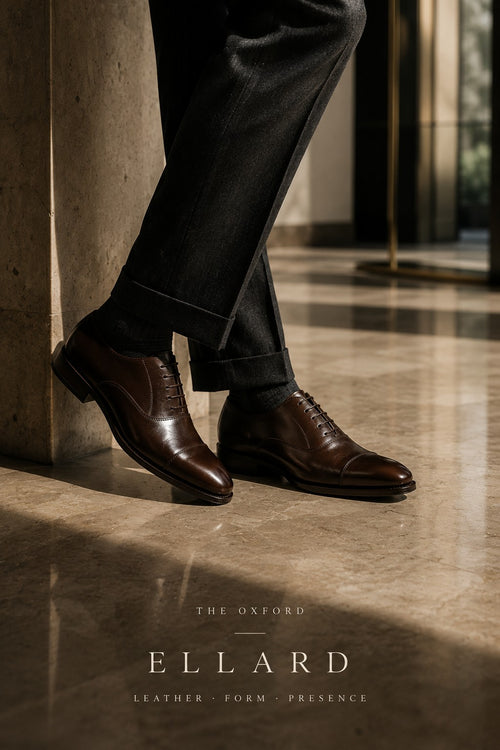 ELLARD Oxford in Coffee Brown worn with tailored trousers.
